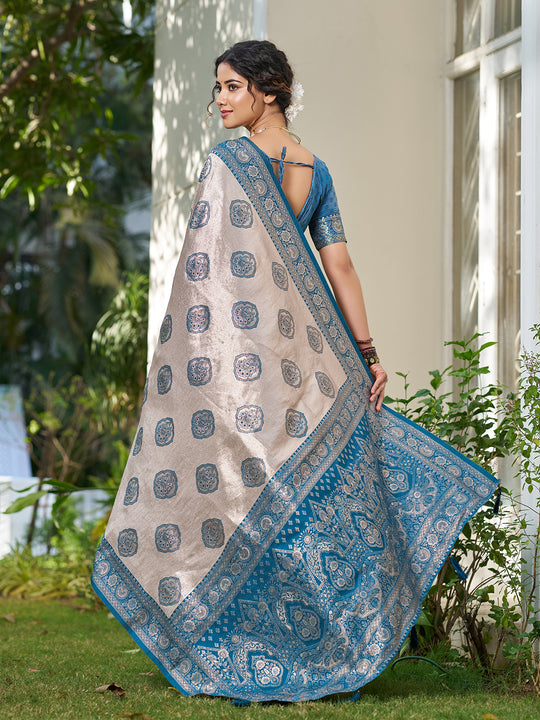 Cream With Blue Silk Blend Saree With Blouse Piece