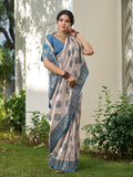 Cream With Blue Silk Blend Saree With Blouse Piece