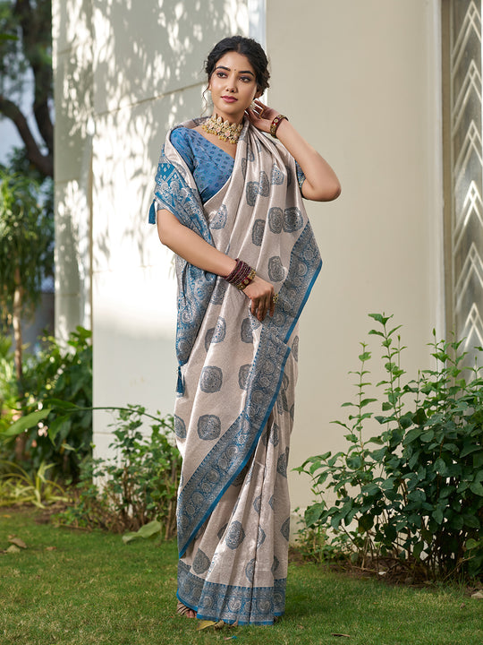 Cream With Blue Silk Blend Saree With Blouse Piece