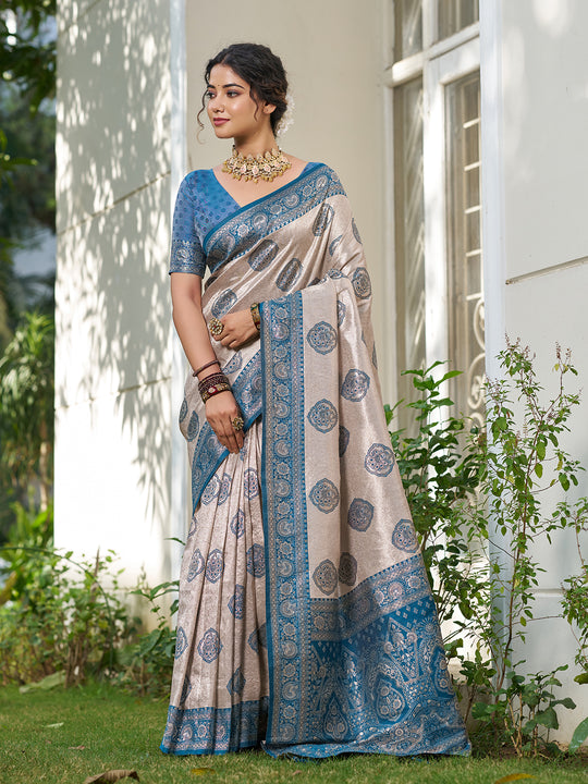 Cream With Blue Silk Blend Saree With Blouse Piece