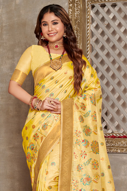 Yellow Banarasi Silk Saree With Blouse
