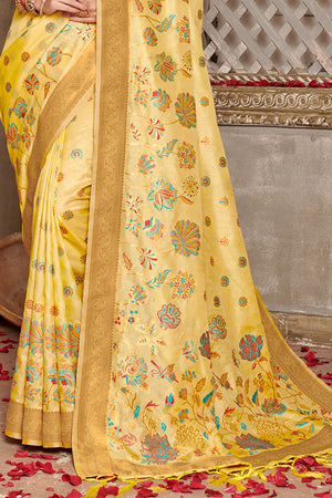 Yellow Banarasi Silk Saree With Blouse
