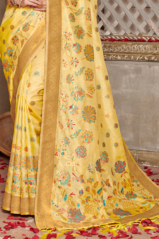 Yellow Banarasi Silk Saree With Blouse