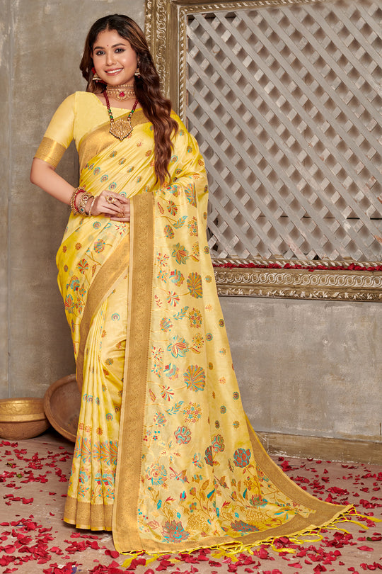 Yellow Banarasi Silk Saree With Blouse