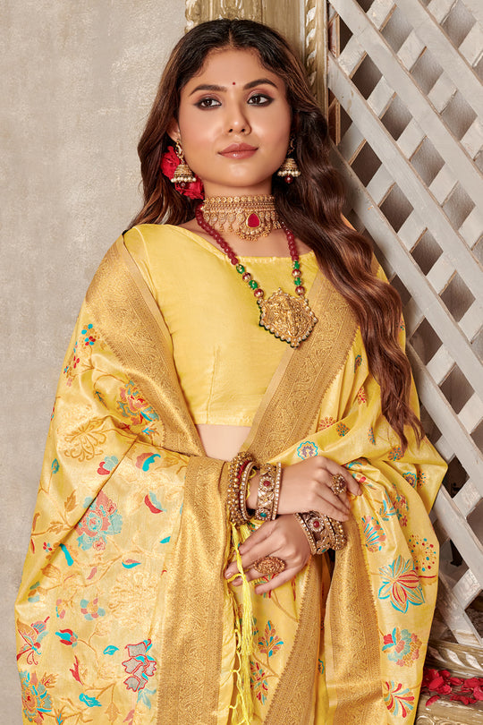 Yellow Banarasi Silk Saree With Blouse
