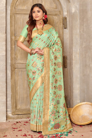 Sea Green Banarasi Silk Saree With Blouse