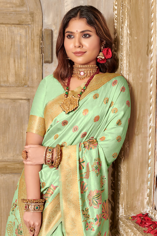 Sea Green Banarasi Silk Saree With Blouse