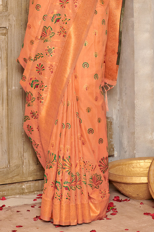 Peach Banarasi Silk Saree With Blouse