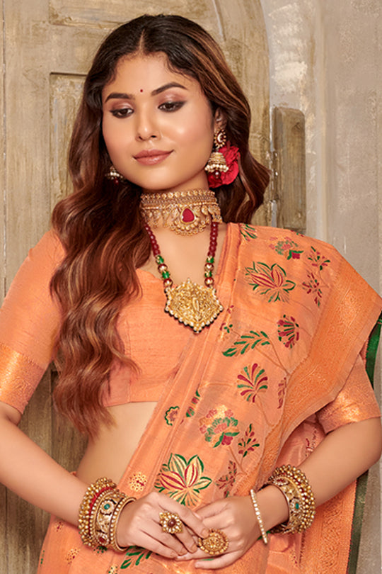 Peach Banarasi Silk Saree With Blouse