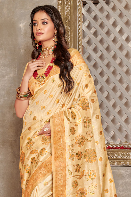 Cream Banarasi Silk Saree With Blouse