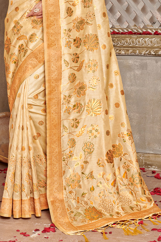 Cream Banarasi Silk Saree With Blouse