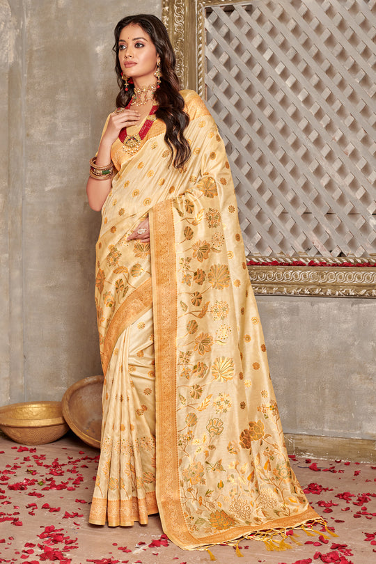 Cream Banarasi Silk Saree With Blouse
