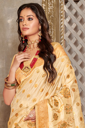 Cream Banarasi Silk Saree With Blouse