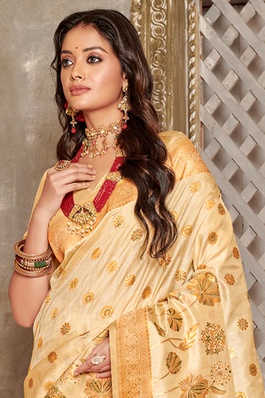 Cream Banarasi Silk Saree With Blouse