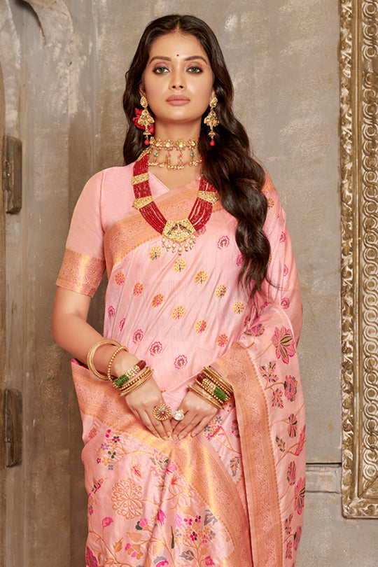Baby Pink Banarasi Silk Saree With Blouse