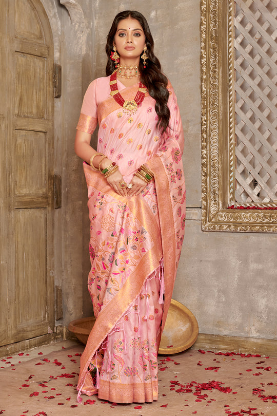 Baby Pink Banarasi Silk Saree With Blouse