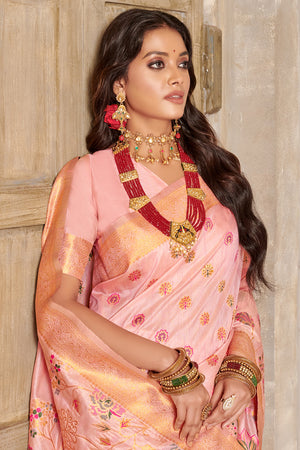 Baby Pink Banarasi Silk Saree With Blouse