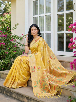 Yellow Linen Cotton Saree With Blouse Piece