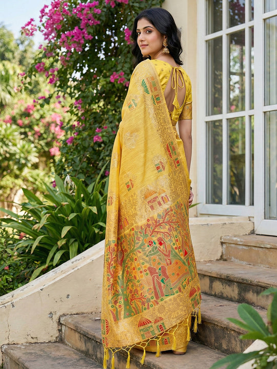 Yellow Linen Cotton Saree With Blouse Piece