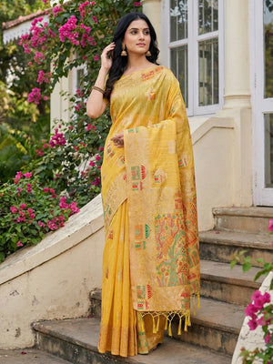 Yellow Linen Cotton Saree With Blouse Piece