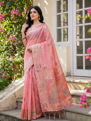 Pink Linen Cotton Saree With Blouse Piece