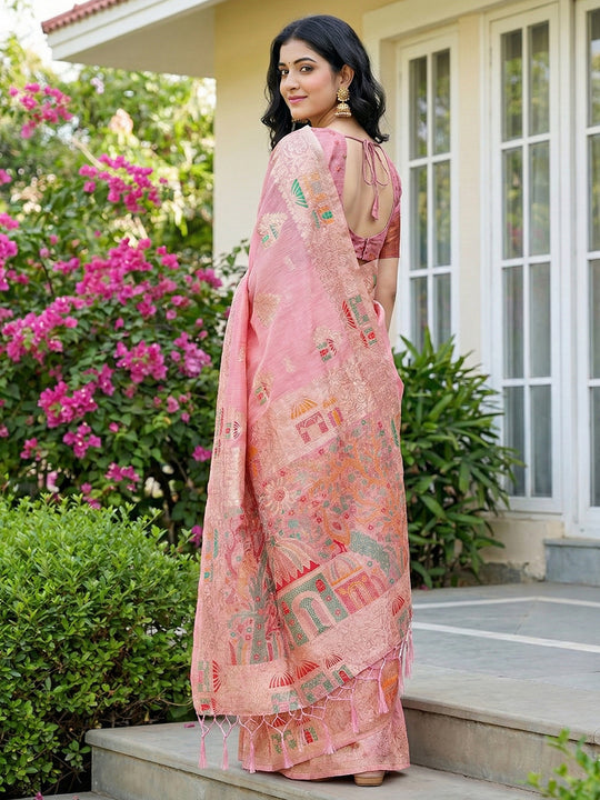 Pink Linen Cotton Saree With Blouse Piece