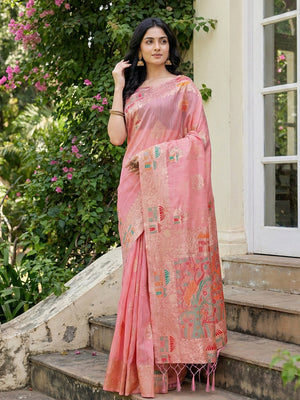 Pink Linen Cotton Saree With Blouse Piece