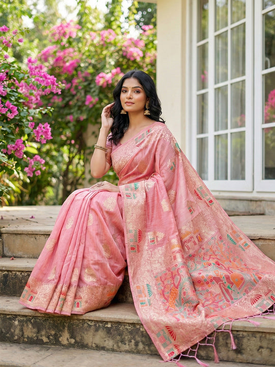 Pink Linen Cotton Saree With Blouse Piece
