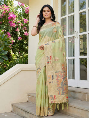 Light Green Linen Cotton Saree With Blouse Piece