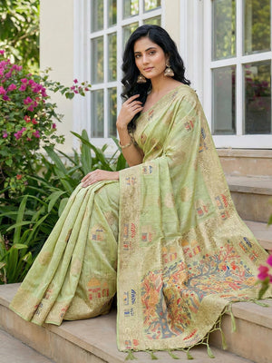 Light Green Linen Cotton Saree With Blouse Piece