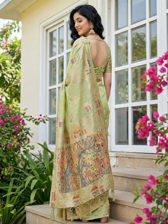 Light Green Linen Cotton Saree With Blouse Piece