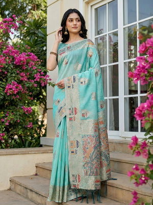 Sky Blue Linen Cotton Saree With Blouse Piece