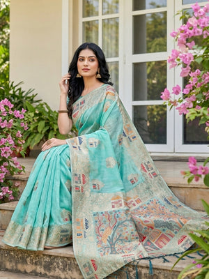 Sky Blue Linen Cotton Saree With Blouse Piece