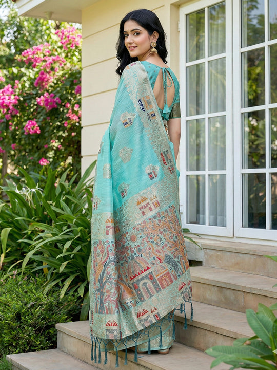 Sky Blue Linen Cotton Saree With Blouse Piece