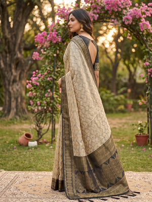 Chiku With BLACK COTTON Saree With Blouse Piece