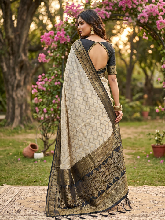 Chiku With BLACK COTTON Saree With Blouse Piece