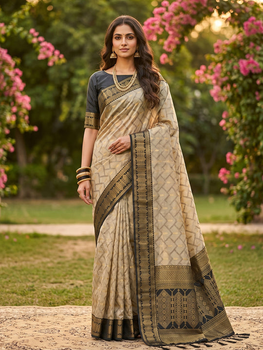 Chiku With BLACK COTTON Saree With Blouse Piece