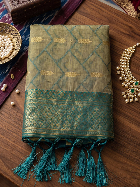 Chiku With RAMA GREEN COTTON Saree With Blouse Piece