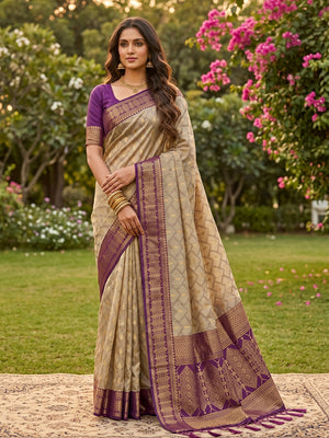 CHIKU WITH PURPLE COTTON Saree With Blouse Piece