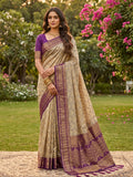 CHIKU WITH PURPLE COTTON Saree With Blouse Piece