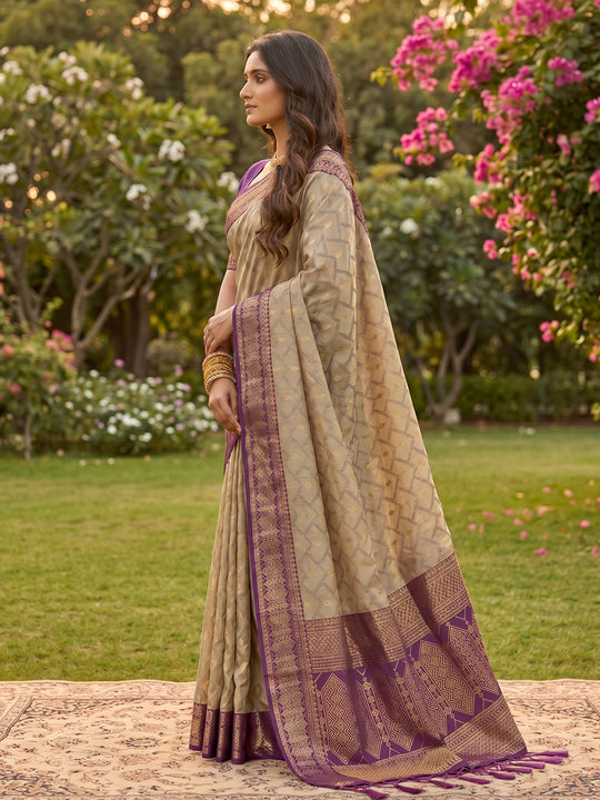 CHIKU WITH PURPLE COTTON Saree With Blouse Piece