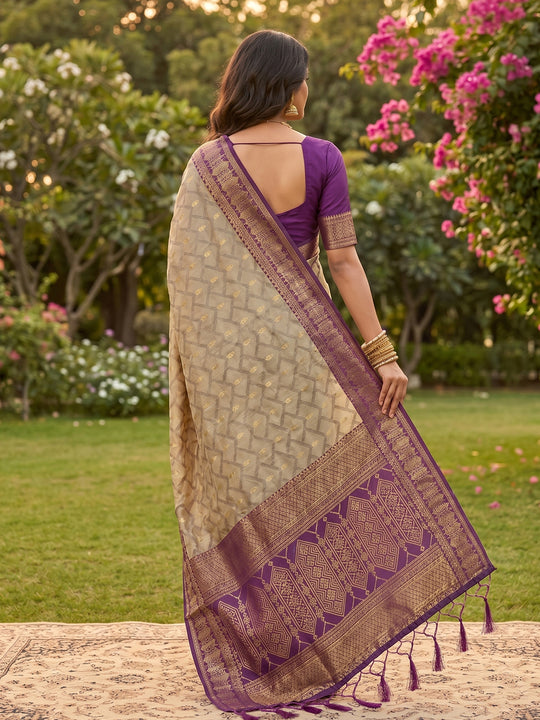 CHIKU WITH PURPLE COTTON Saree With Blouse Piece