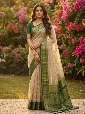 Chiku With GREEN COTTON Saree With Blouse Piece