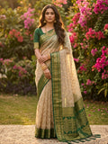 Chiku With GREEN COTTON Saree With Blouse Piece