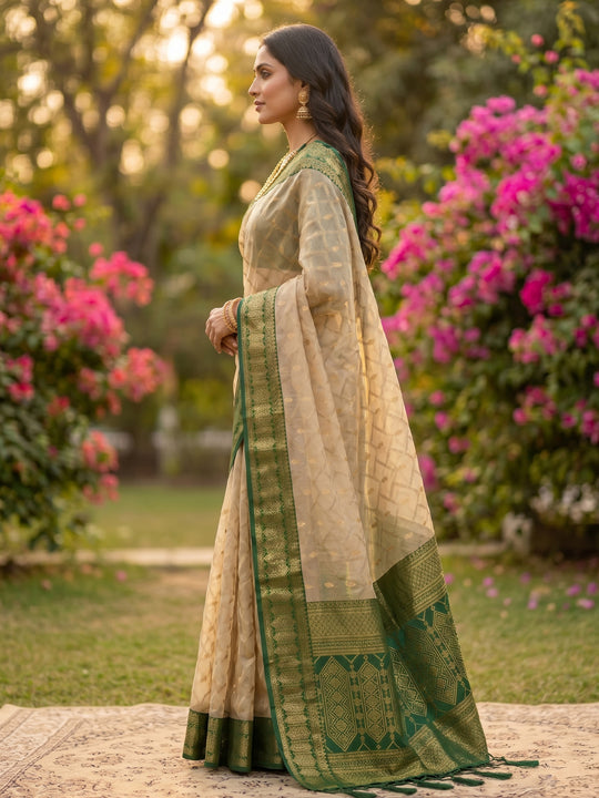 Chiku With GREEN COTTON Saree With Blouse Piece