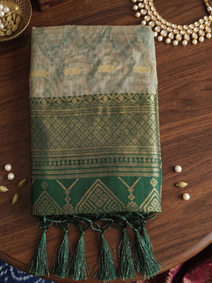 Chiku With GREEN COTTON Saree With Blouse Piece