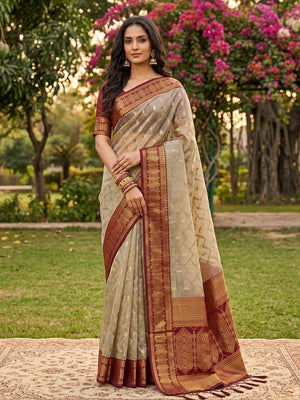 Chiku WITH RED COTTON Saree With Blouse Piece