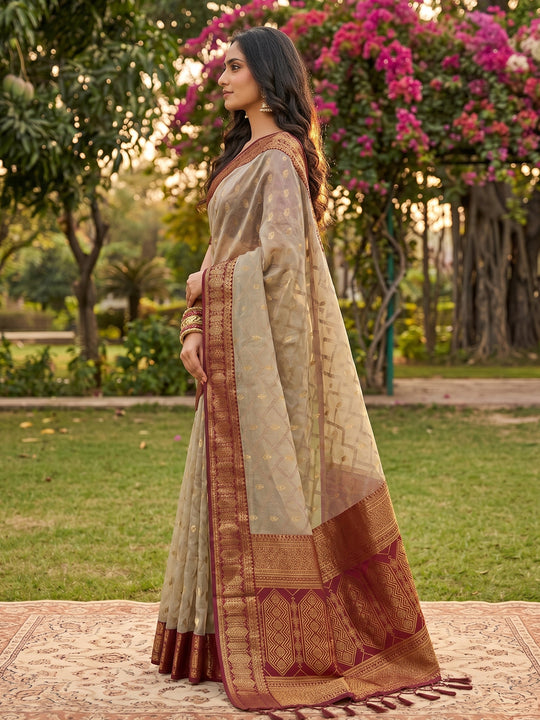 Chiku WITH RED COTTON Saree With Blouse Piece