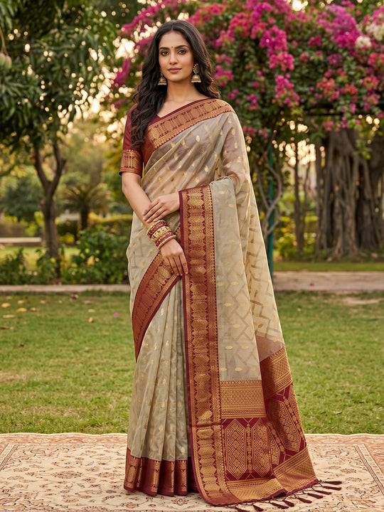 Chiku WITH RED COTTON Saree With Blouse Piece