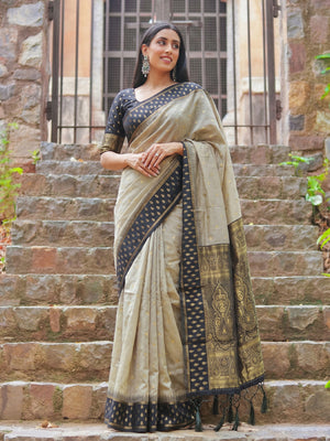 Chiku With Black Cotton Saree With Blouse Piece